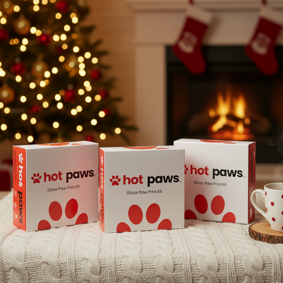 Three 'Hot Paws' product boxes on a surface with a festive background including a Christmas tree and stockings.