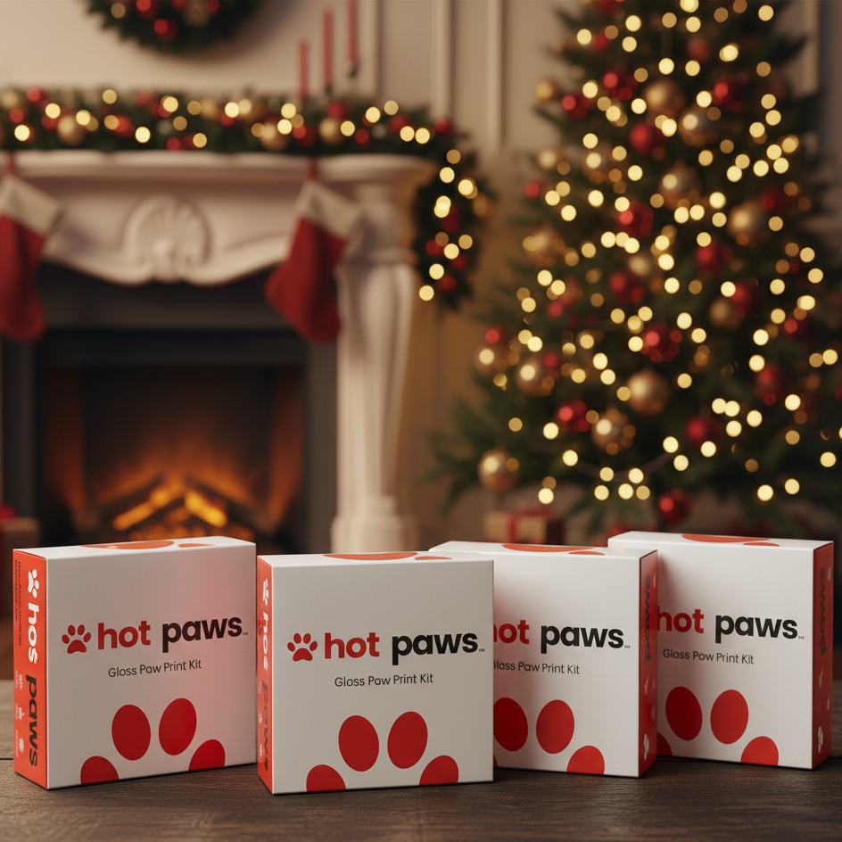 Hot Paws product boxes on a table with a Christmas tree and fireplace in the background